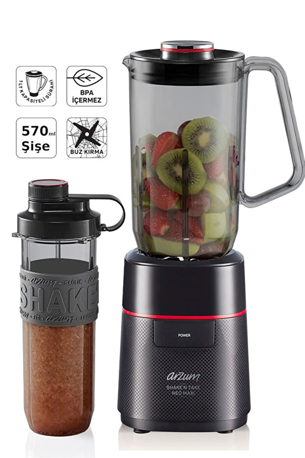 Arzum Shake'N Take Neo Maxi Sürahi Blender 1L Sürahi ve 570ml Şişe 500W Siyah - AR1174