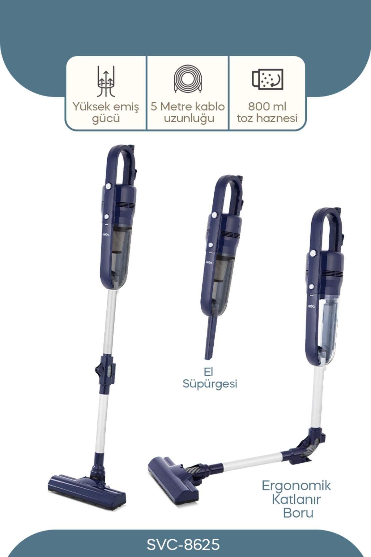 Sinbo SVC-8625 Dikey Elektrikli Süpürge Katlanır Borulu, El Süpürgesi, 800 ml Toz Hazneli