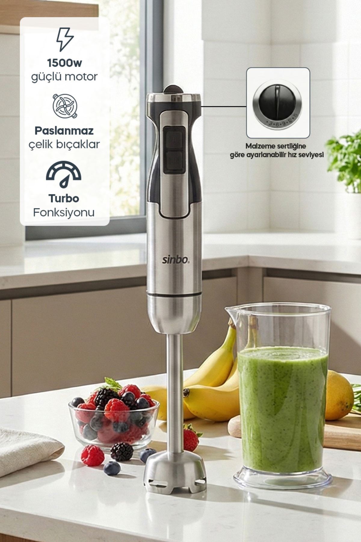 Sinbo SHB-7509 1500W El Blenderi – Paslanmaz Çelik Gövde & Sonsuz Hız Ayarı