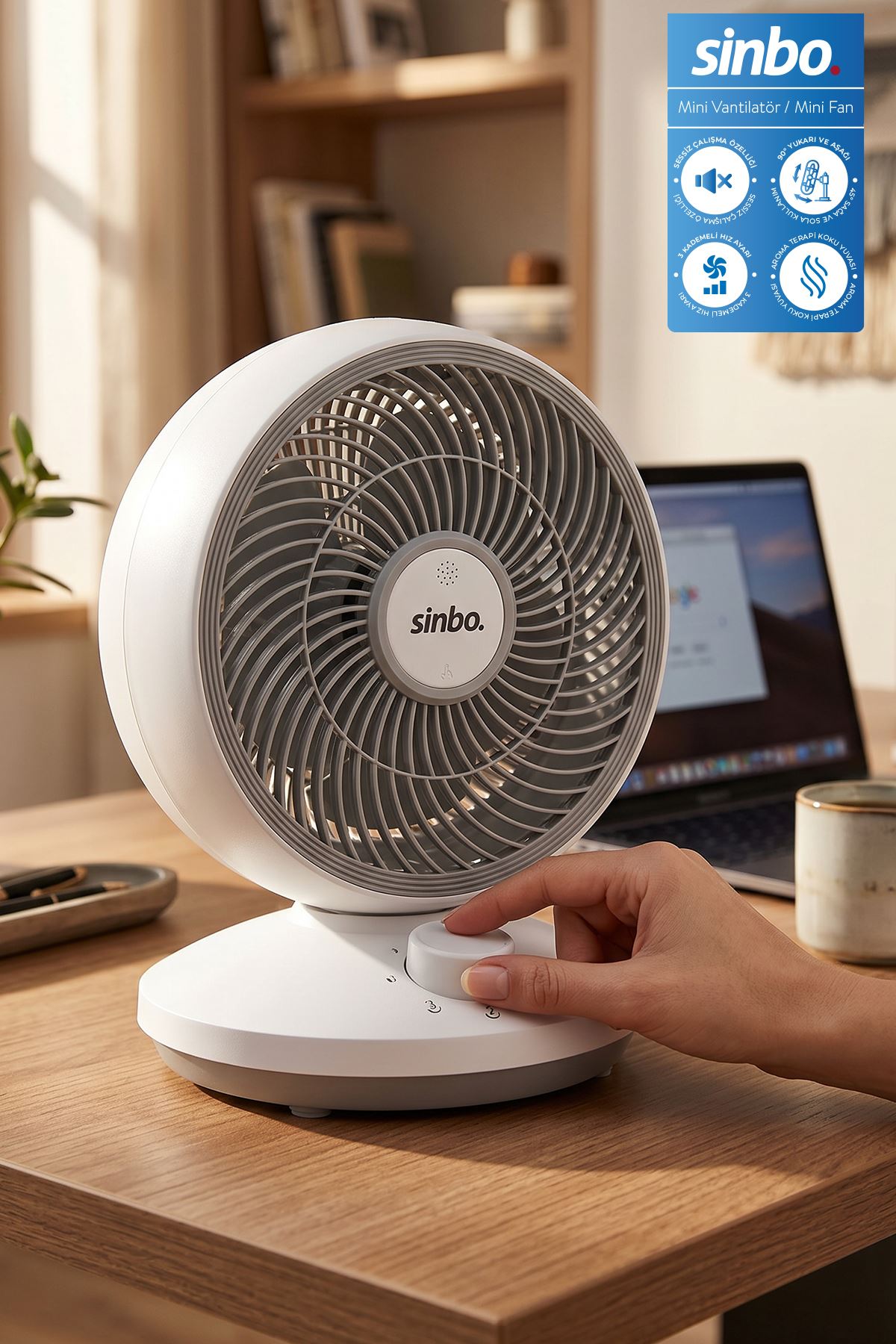 Sinbo SF-7701 Sessiz Mini Vantilatör Aroma Terapi Koku Yuvalı Otomatik Salınımlı Masaüstü Fan