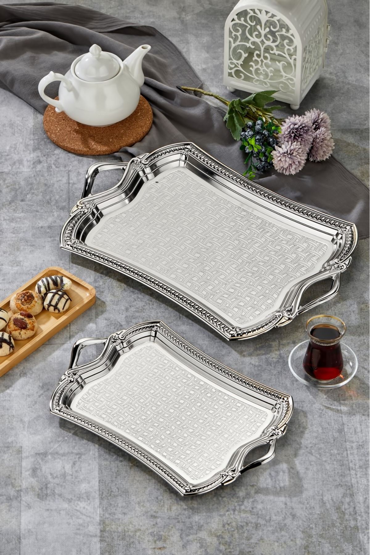 2'li Evenia Metal Dikdörtgen Gümüş Sunum Tepsisi 49x30 cm ve 37x23 cm CKR3568