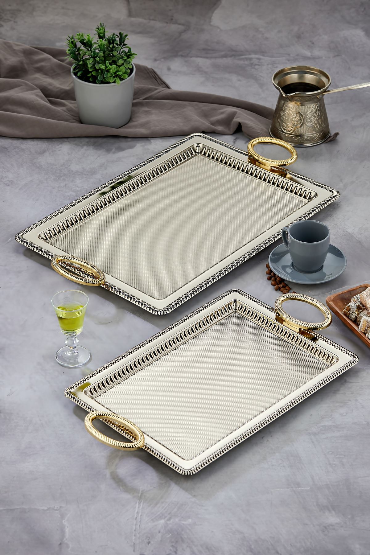 Özel Seri Dikdörtgen Model Lüx Metal 2'Li Sunum Tepsisi, Çay Tepsisi, Nişan Tepsisi (35X25 44X32 Cm)