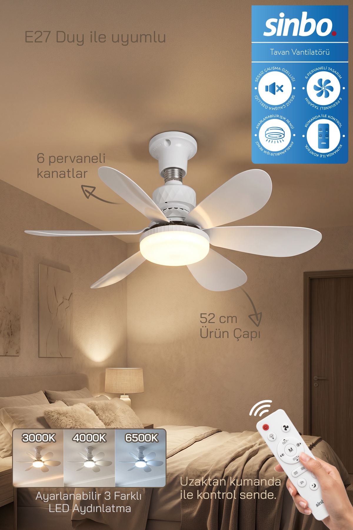 Sinbo SF-7708 LED Işıklı Kumandalı Tavan Vantilatörü