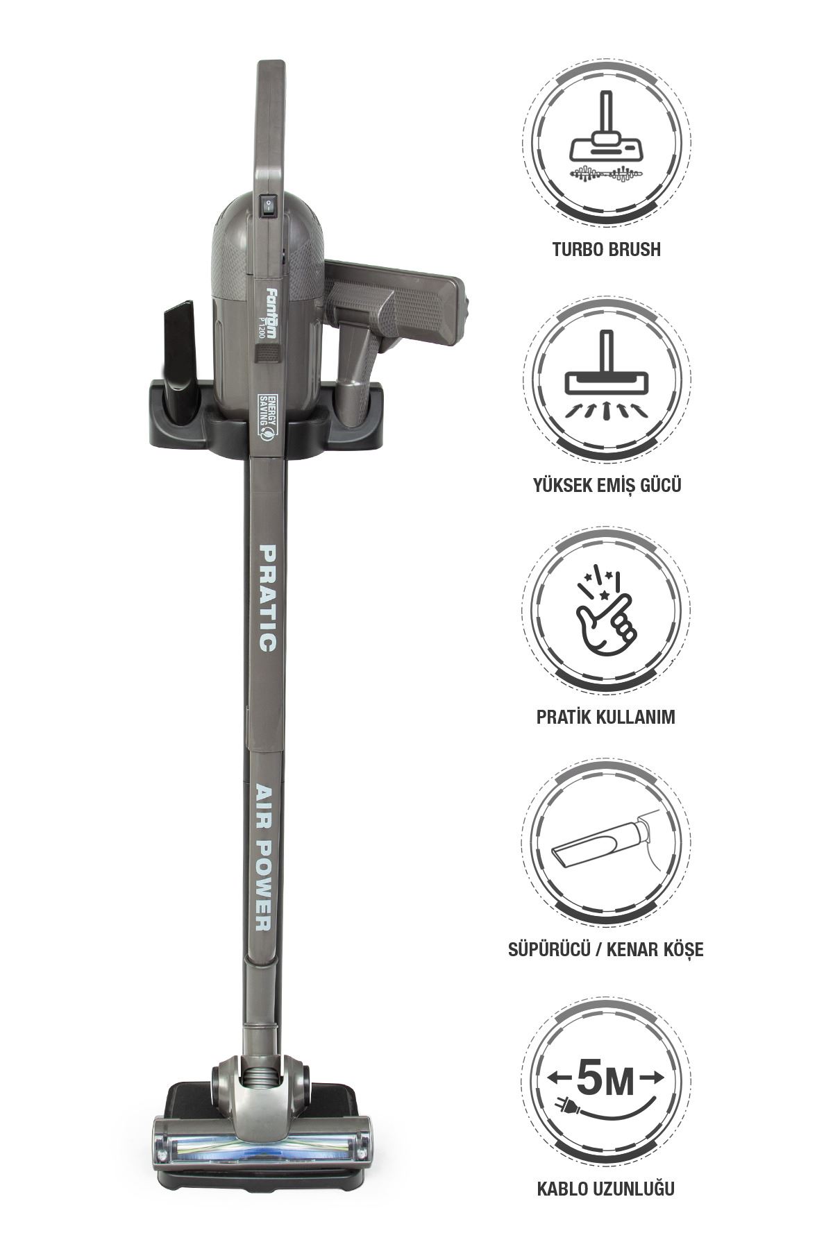 Pratic Aır Power P 1250 Antrasit Torbasız Dönebilen Turbo Başlıklı Dikey Süpürge