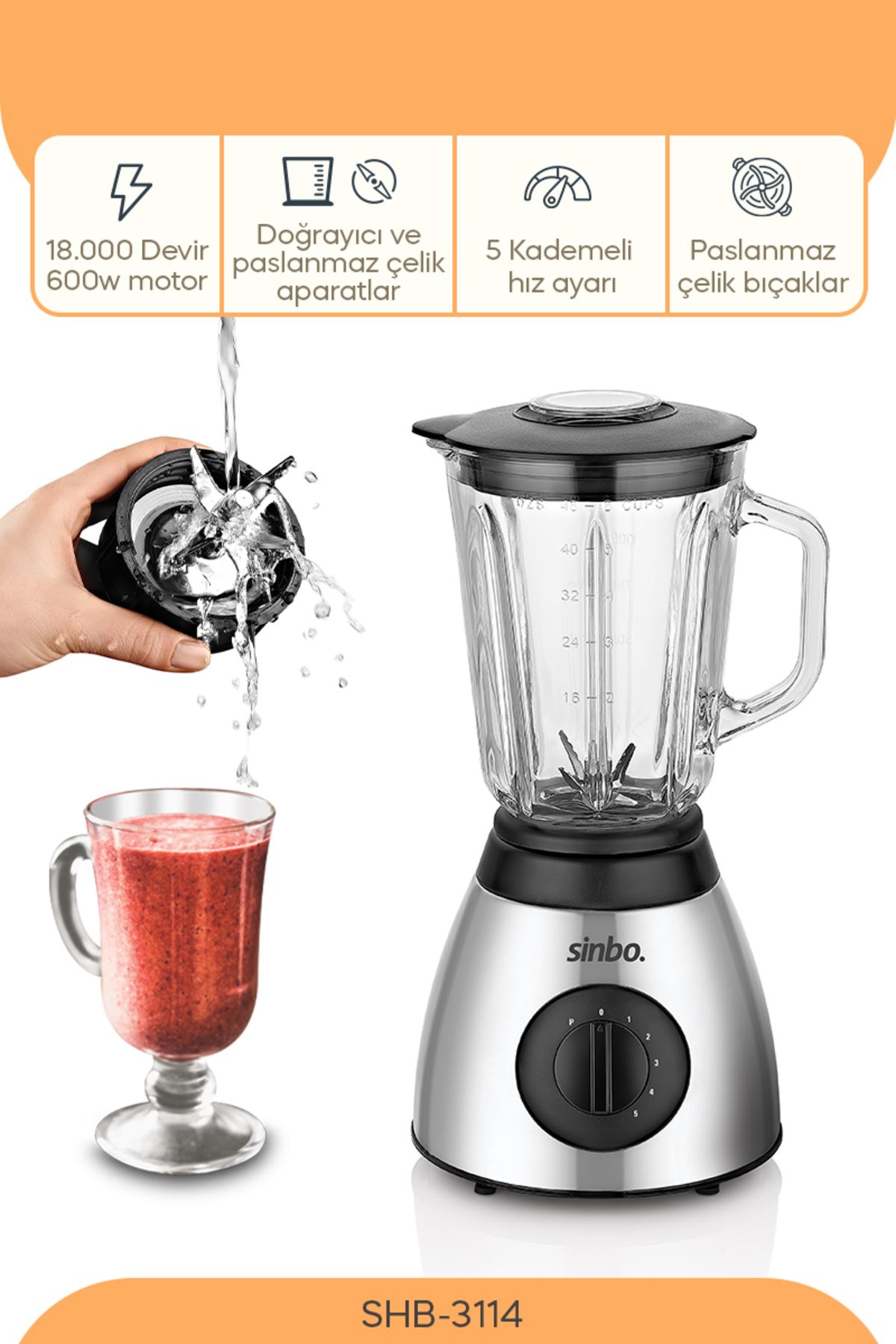 Shb-3113 Cam Blender Ve Öğütücü / 600w Smoothie - Buz Kırıcı