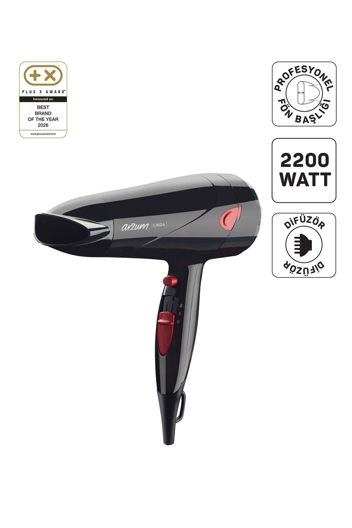 AR569 Linda Saç Kurutma Makinesi 2 Hız Ayarı, Soğuk Hava ve Difüzör, 2000W, Siyah