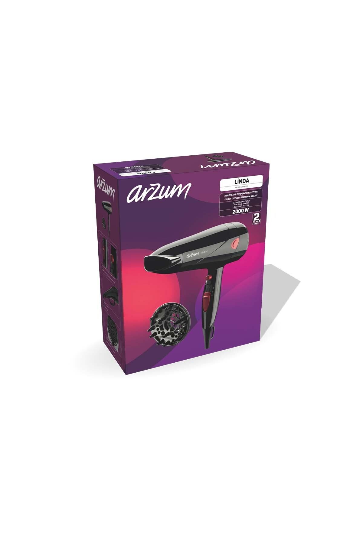 AR569 Linda Saç Kurutma Makinesi 2 Hız Ayarı, Soğuk Hava ve Difüzör, 2000W, Siyah