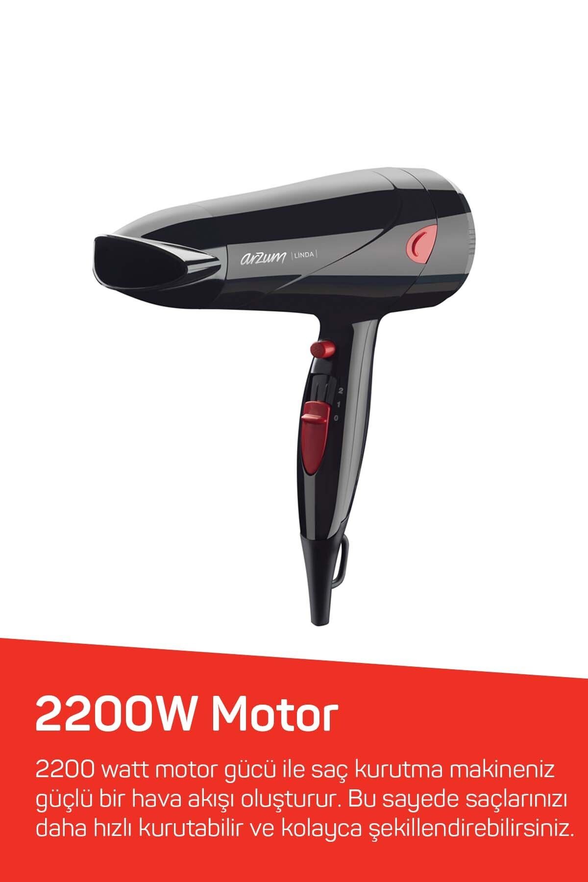 AR569 Linda Saç Kurutma Makinesi 2 Hız Ayarı, Soğuk Hava ve Difüzör, 2000W, Siyah