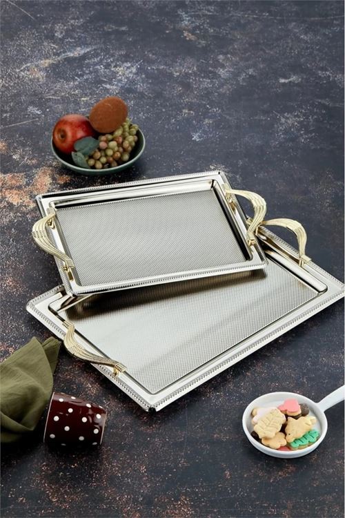 Çelik Dikdörtgen 2'li Tepsi 41 Cm / 49 Cm Kararmaz Tepsi