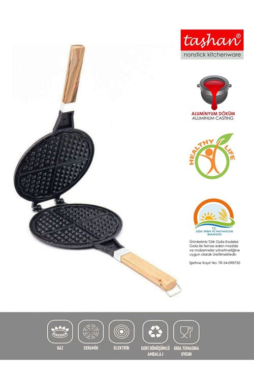 Döküm Waffle Tavası Ahşap Kulp Siyah