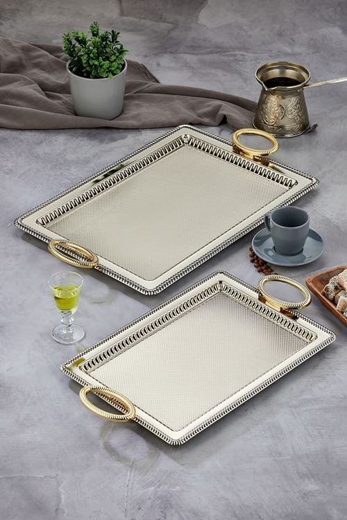 Özel Seri Dikdörtgen Model Lüx Metal 2'Li Sunum Tepsisi, Çay Tepsisi, Nişan Tepsisi (35X25 44X32 Cm)