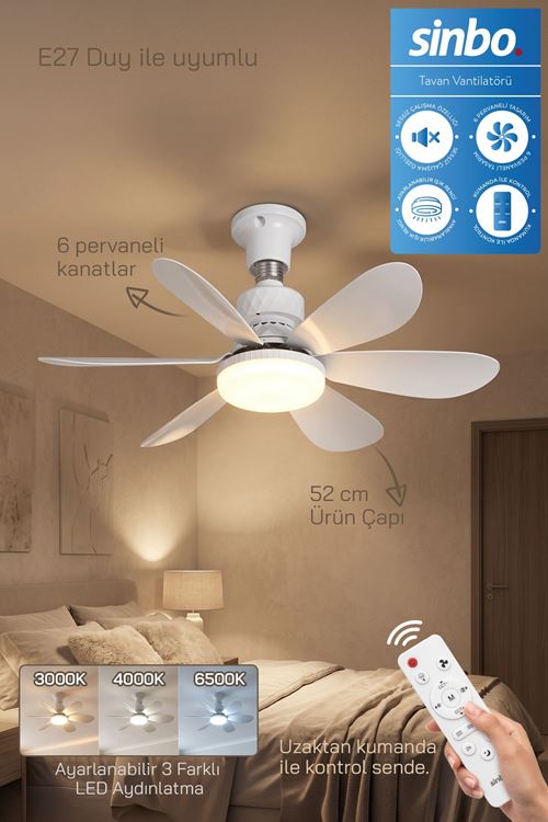 SF-7708 3 LED Aydınlatmalı Sessiz Tavan Vantilatörü Kumandalı 6 Kanatlı
